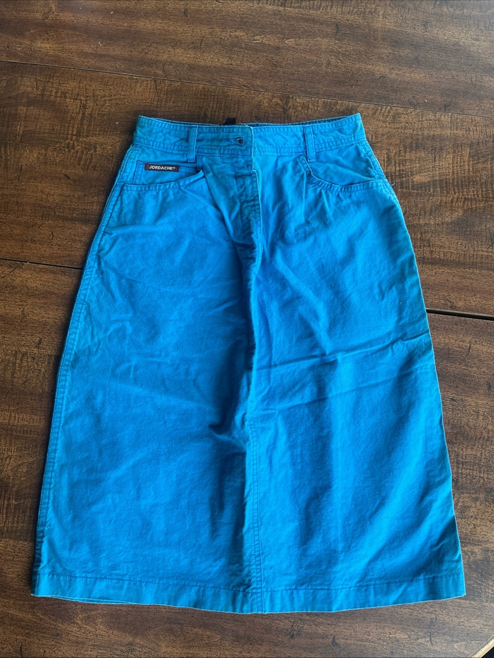 Vintage Jordache Turquoise Denim Midi Skirt 100% Cotton Size 10 Fits XS Retro